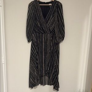 DKNY Black Dress with Silver Metallic Stripes, High-Low Hem